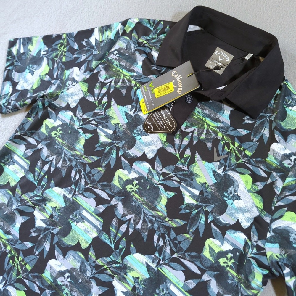 Callaway Golf Polo Mens Small Black Floral Swing Tech Opti-Dri UPF 50 NWT